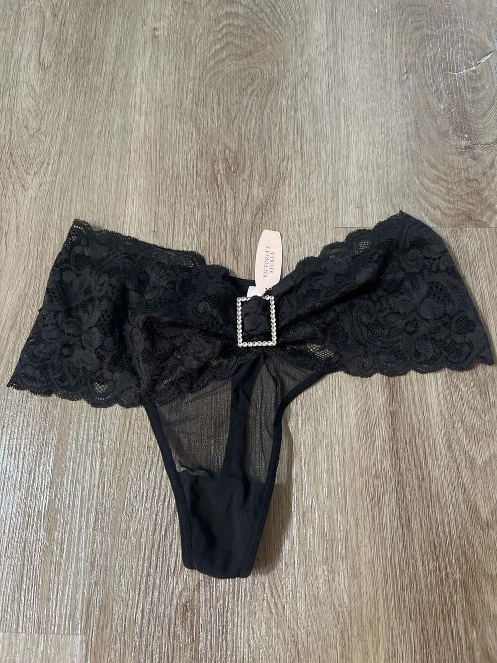Vintage Victoria's Secret Rare Black Lace Thong with Rhinestone Buckle Detail